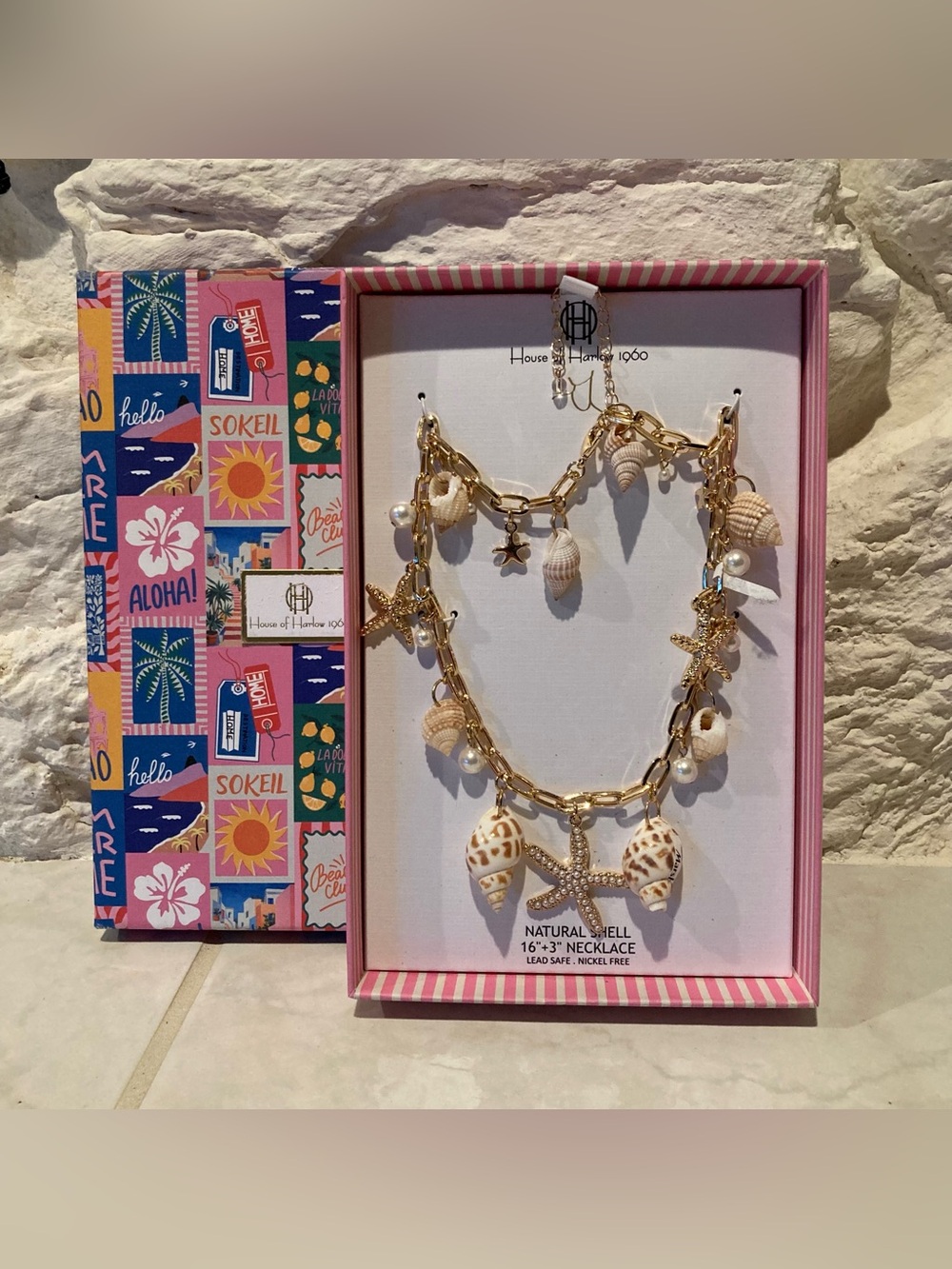 NIB House of Harlow 1960 Gold-tone Necklace w/Natural Shells and Pearl Starfish